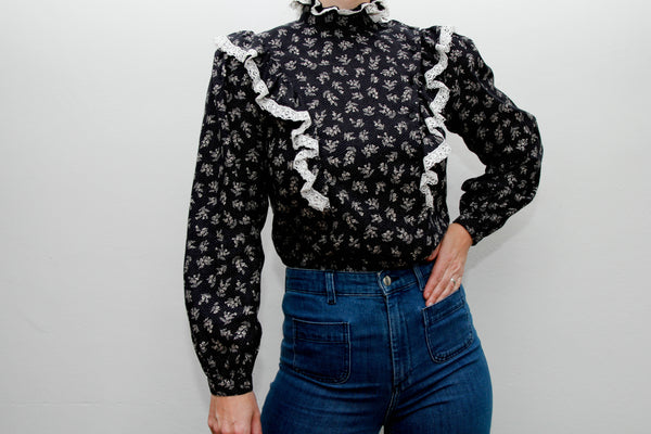Vintage 1970s Prairie Blouse – Navy Ditsy Floral with Frills