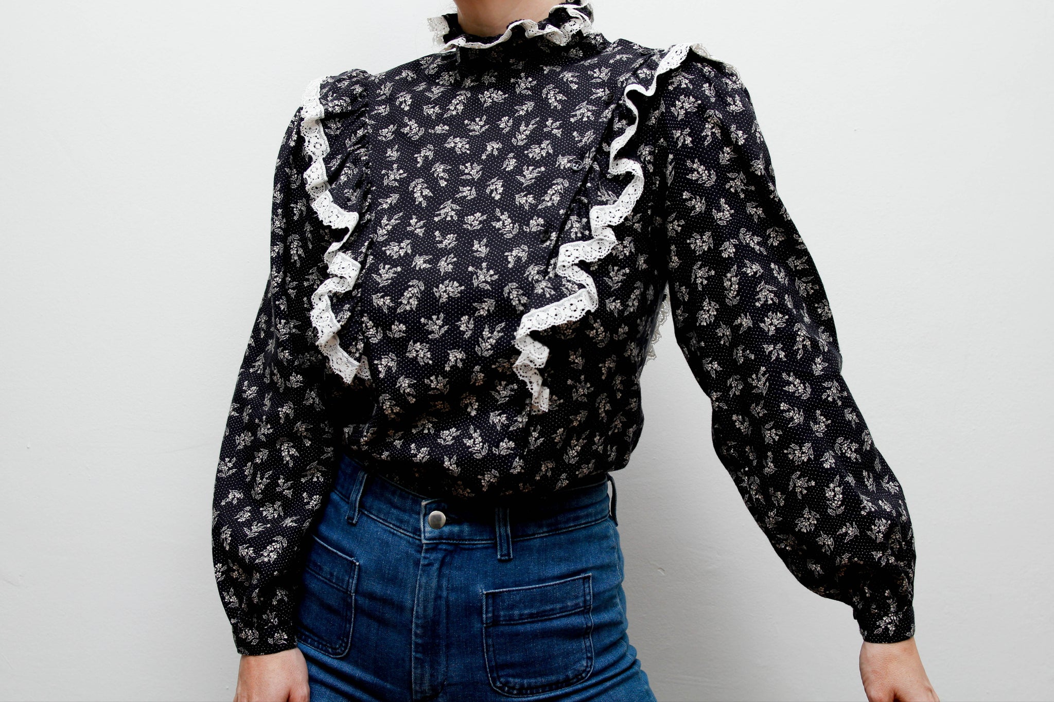 Vintage 1970s Prairie Blouse – Navy Ditsy Floral with Frills