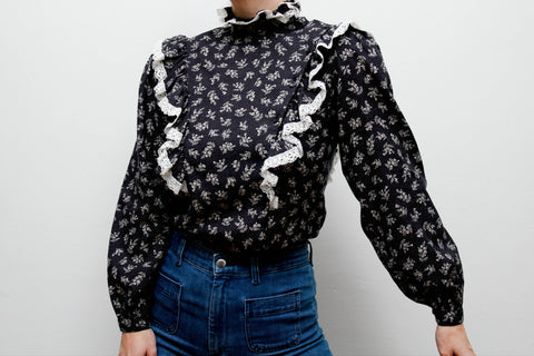 Vintage 1970s Prairie Blouse – Navy Ditsy Floral with Frills
