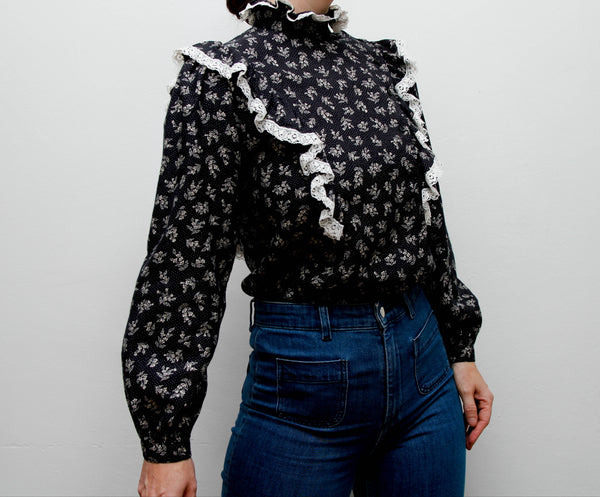 Vintage 1970s Prairie Blouse – Navy Ditsy Floral with Frills