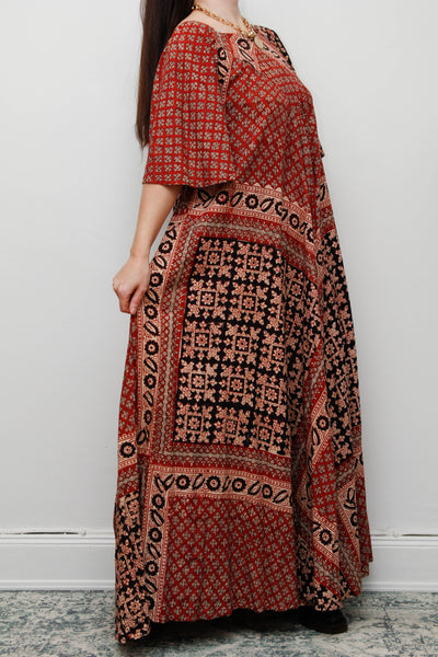 Rare 1970s Indian Cotton Block Print Kaftan Maxi Dress – Bohemian Vintage