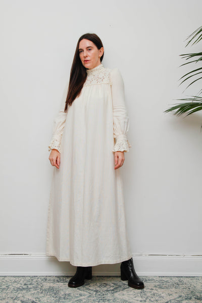 Vintage 1970s Shelana of London Victorian Cotton Lace Maxi Dress