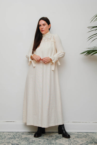 Vintage 1970s Shelana of London Victorian Cotton Lace Maxi Dress