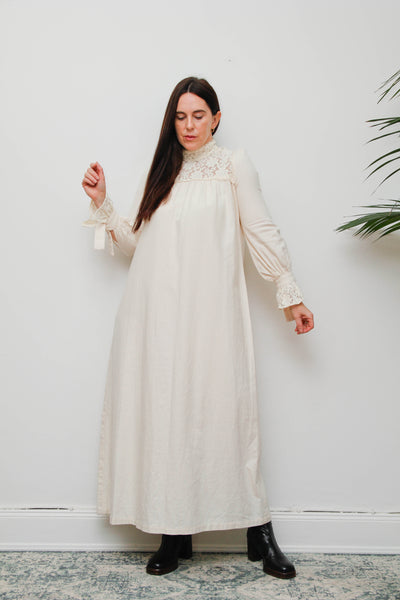 Vintage 1970s Shelana of London Victorian Cotton Lace Maxi Dress
