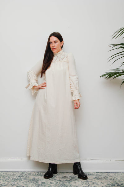 Vintage 1970s Shelana of London Victorian Cotton Lace Maxi Dress