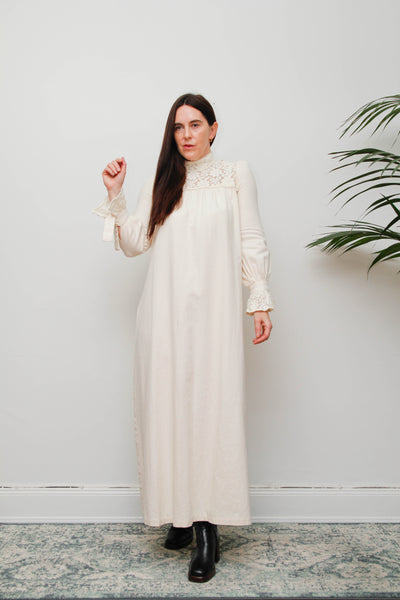 Vintage 1970s Shelana of London Victorian Cotton Lace Maxi Dress