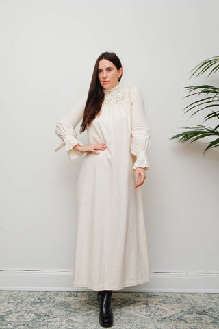 Vintage 1970s Shelana of London Victorian Cotton Lace Maxi Dress