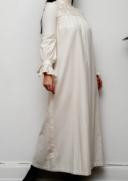 Vintage 1970s Shelana of London Victorian Cotton Lace Maxi Dress