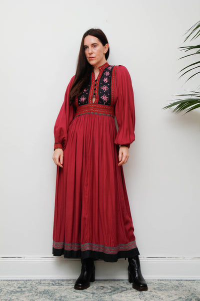 Vintage Bohemian Gothic Maxi Dress – Embroidered Floral Bib