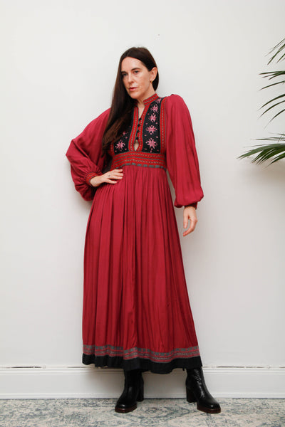 Vintage Bohemian Gothic Maxi Dress – Embroidered Floral Bib