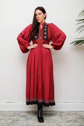 Vintage Bohemian Gothic Maxi Dress – Embroidered Floral Bib