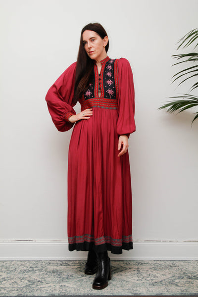 Vintage Bohemian Gothic Maxi Dress – Embroidered Floral Bib