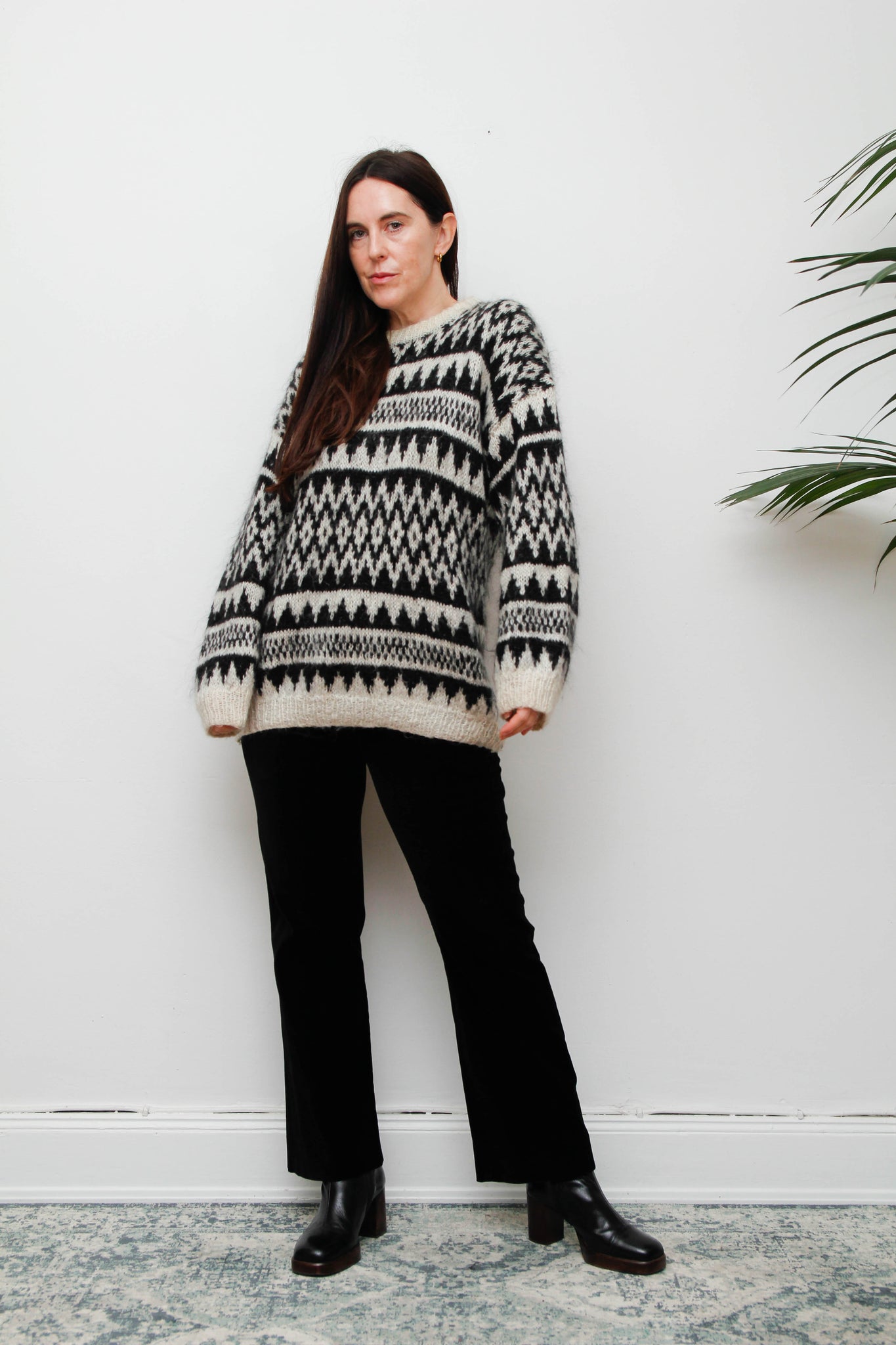Vintage Hand-Knitted Wool Mohair Jumper – Gothic Black & White