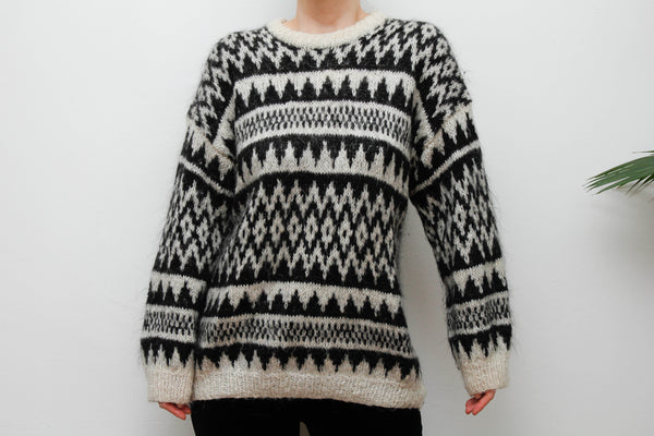 Vintage Hand-Knitted Wool Mohair Jumper – Gothic Black & White
