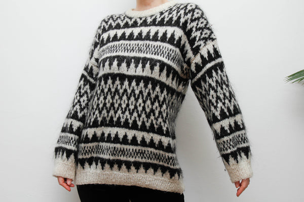 Vintage Hand-Knitted Wool Mohair Jumper – Gothic Black & White