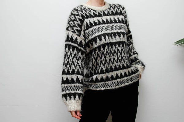 Vintage Hand-Knitted Wool Mohair Jumper – Gothic Black & White