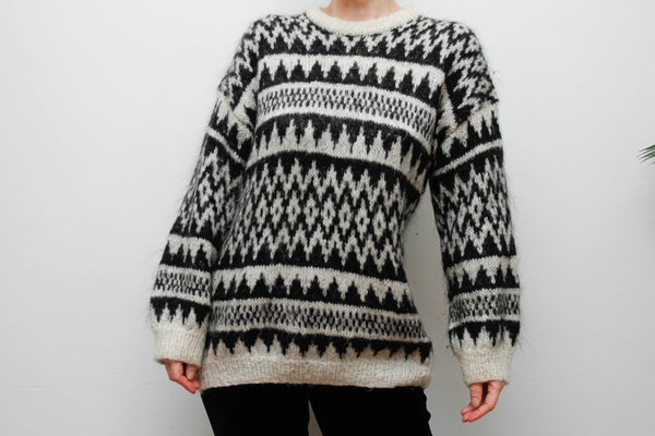 Vintage Hand-Knitted Wool Mohair Jumper – Gothic Black & White