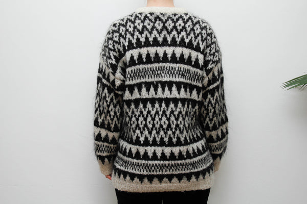 Vintage Hand-Knitted Wool Mohair Jumper – Gothic Black & White