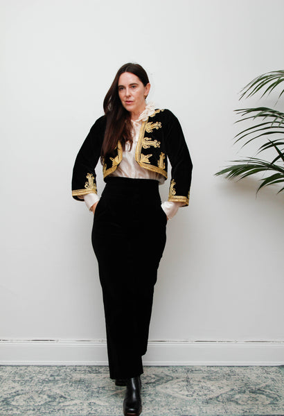 Vintage Black Velvet Ottoman-Style Jacket – Gold Trim Gothic