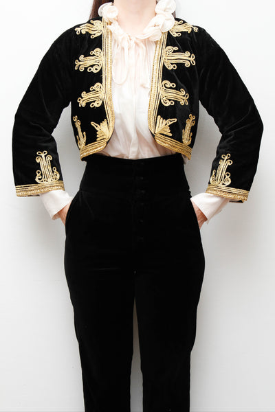 Vintage Black Velvet Ottoman-Style Jacket – Gold Trim Gothic