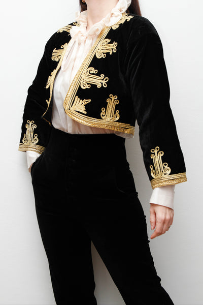 Vintage Black Velvet Ottoman-Style Jacket – Gold Trim Gothic