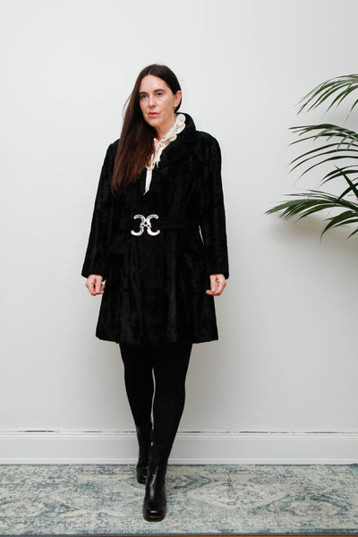 Vintage 1970s Black Velvet Coat – Gothic Luxury with Silver Buckle Belt