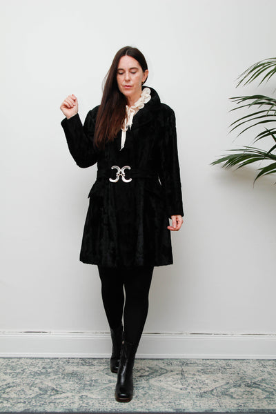 Vintage 1970s Black Velvet Coat – Gothic Luxury with Silver Buckle Belt
