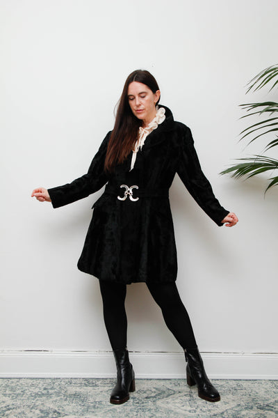 Vintage 1970s Black Velvet Coat – Gothic Luxury with Silver Buckle Belt