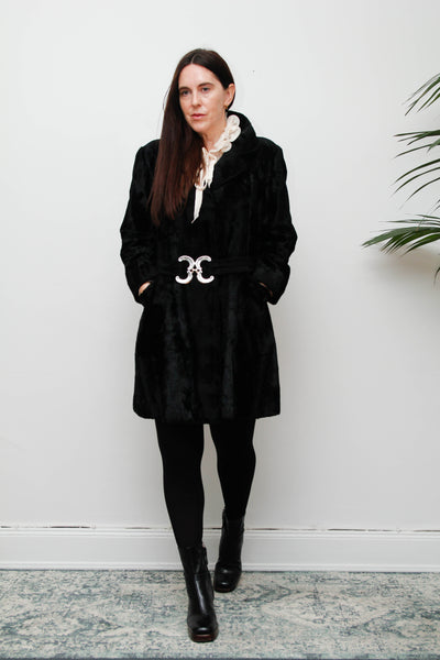 Vintage 1970s Black Velvet Coat – Gothic Luxury with Silver Buckle Belt