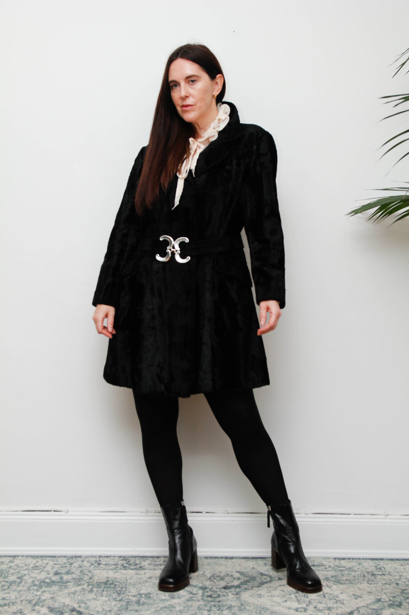 Vintage 1970s Black Velvet Coat – Gothic Luxury with Silver Buckle Belt