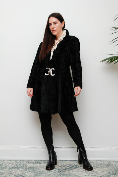 Vintage 1970s Black Velvet Coat – Gothic Luxury with Silver Buckle Belt