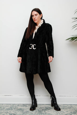 Vintage 1970s Black Velvet Coat – Gothic Luxury with Silver Buckle Belt