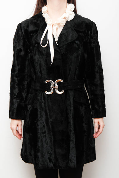 Vintage 1970s Black Velvet Coat – Gothic Luxury with Silver Buckle Belt