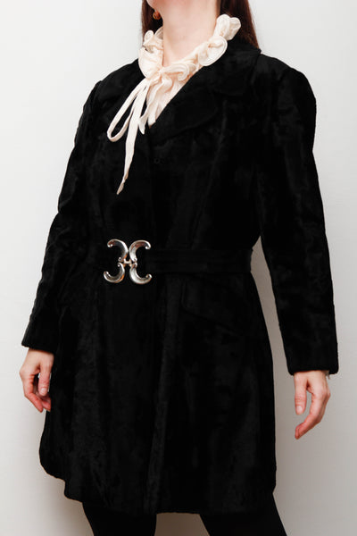 Vintage 1970s Black Velvet Coat – Gothic Luxury with Silver Buckle Belt