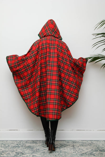 Vintage Scottish Tartan Cape – Removable Hood & Wide Sleeves