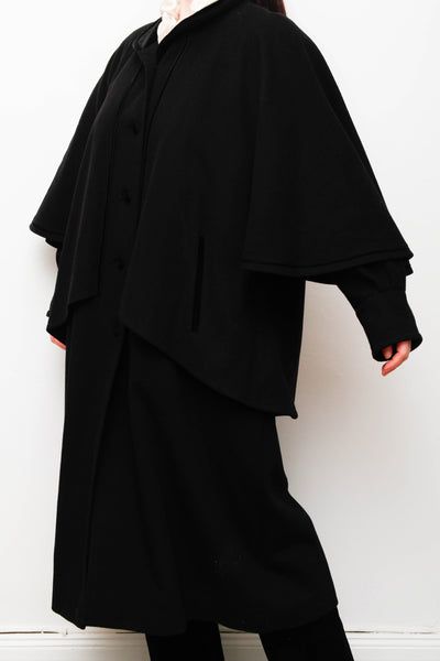 Vintage Black Wool Cape Coat – Gothic Velvet Sherlock Style