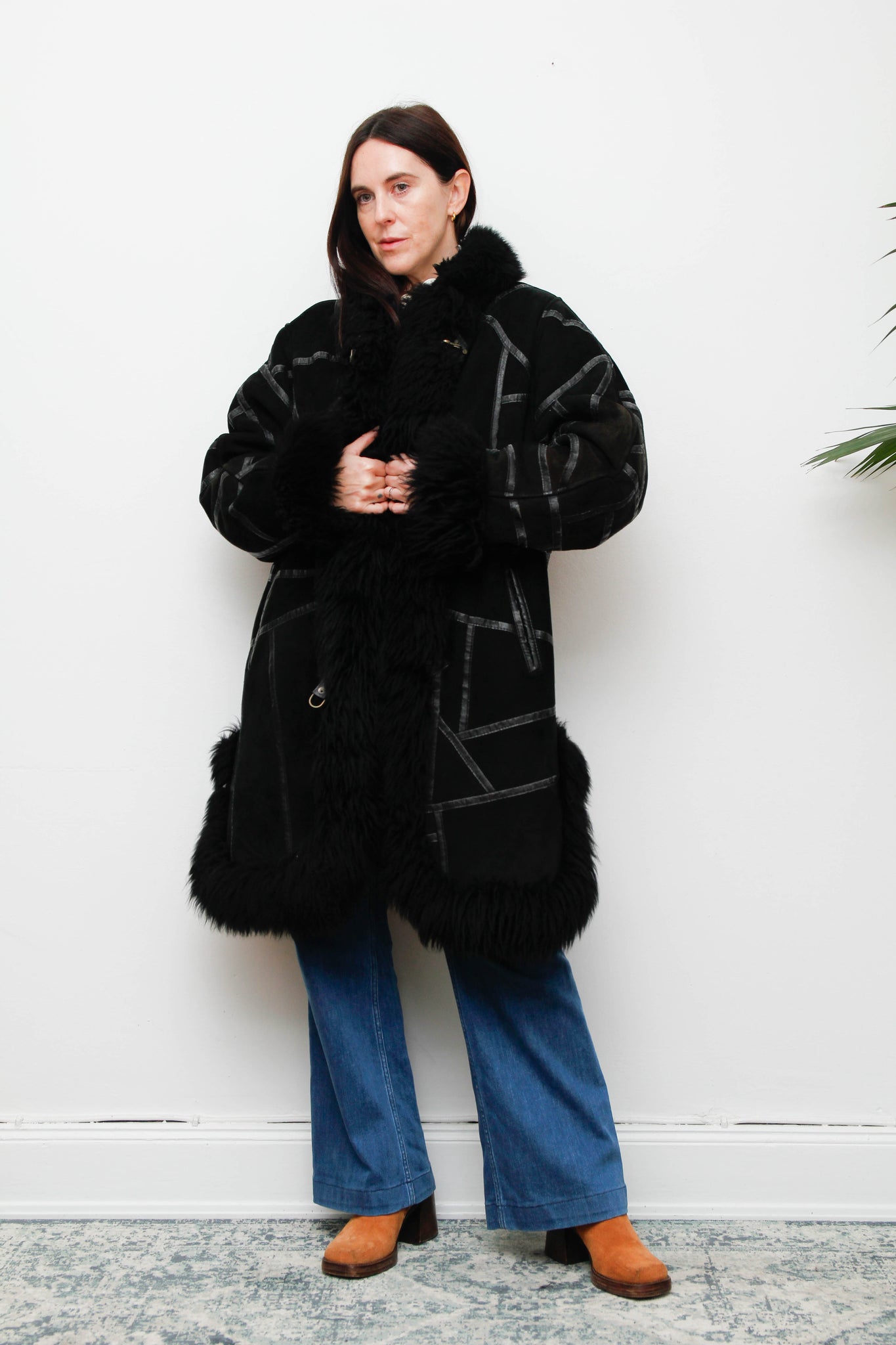 Vintage Black Sheepskin Suede Coat – Gothic Bohemian Warmth