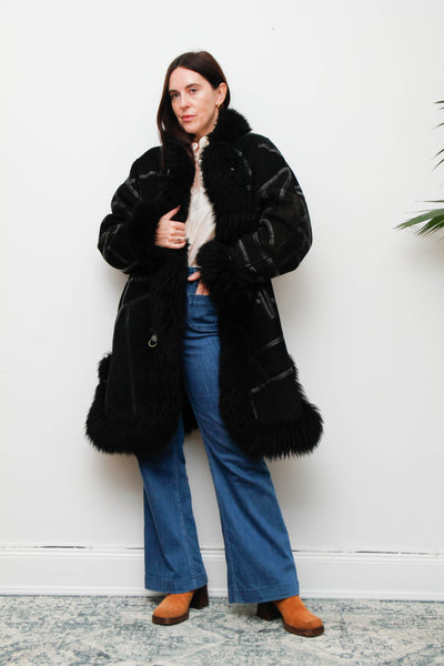 Vintage Black Sheepskin Suede Coat – Gothic Bohemian Warmth