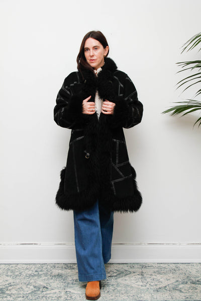 Vintage Black Sheepskin Suede Coat – Gothic Bohemian Warmth
