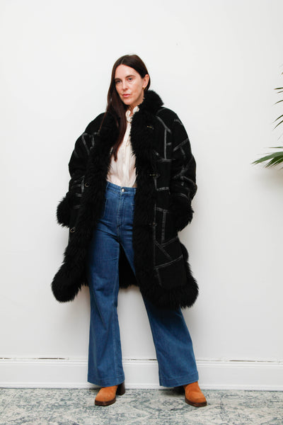 Vintage Black Sheepskin Suede Coat – Gothic Bohemian Warmth