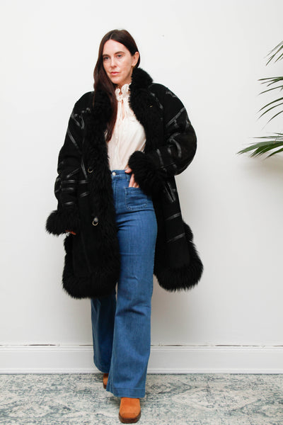Vintage Black Sheepskin Suede Coat – Gothic Bohemian Warmth