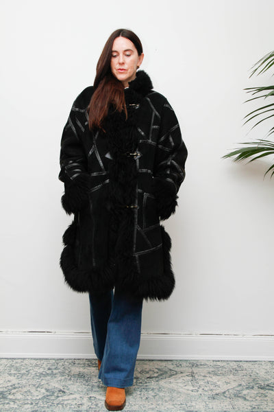 Vintage Black Sheepskin Suede Coat – Gothic Bohemian Warmth