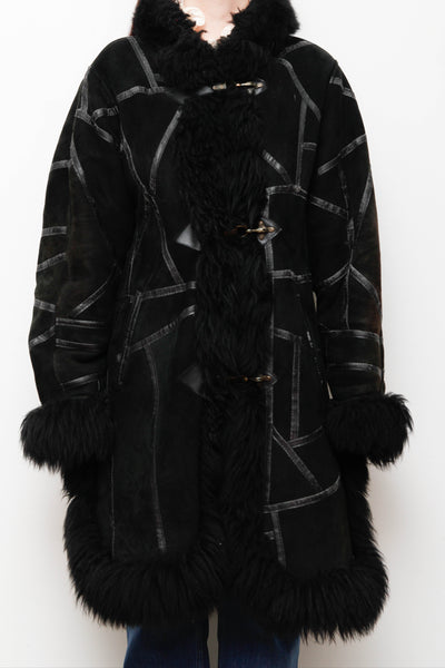 Vintage Black Sheepskin Suede Coat – Gothic Bohemian Warmth