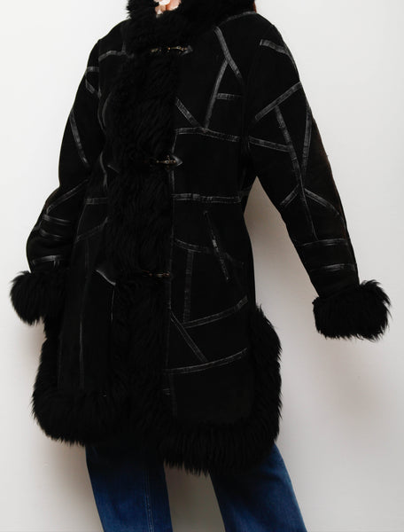 Vintage Black Sheepskin Suede Coat – Gothic Bohemian Warmth