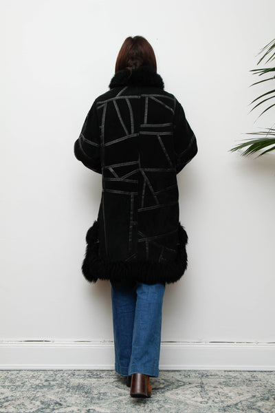 Vintage Black Sheepskin Suede Coat – Gothic Bohemian Warmth