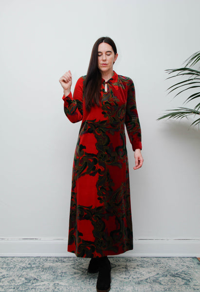Vintage 1970s Gothic-Bohemian Velvet Dress – Art Nouveau Floral Maxi