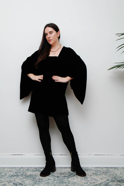 Vintage Black Cotton Velvet Kimono – Gothic Luxurious Statement