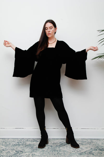 Vintage Black Cotton Velvet Kimono – Gothic Luxurious Statement