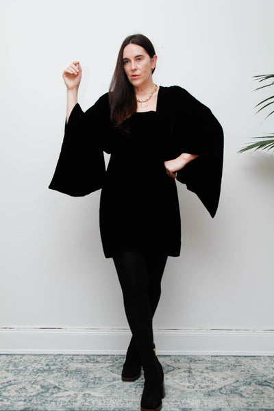 Vintage Black Cotton Velvet Kimono – Gothic Luxurious Statement