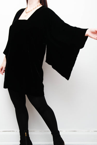 Vintage Black Cotton Velvet Kimono – Gothic Luxurious Statement